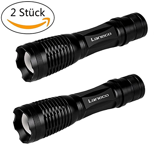 Laneco E6 (2 Stück) LED Taschenlampe mit Superheller Hochleistungs - Taktische Taschenlampe - Tragbare Wasserdichte Taschenlampe fürs Freie mit Einstellbarem Fokus und 5 Lichtmodi für Campen Wandern usw