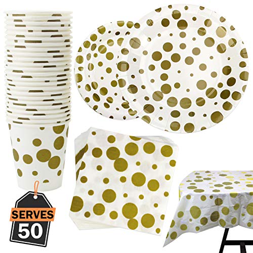 Kompanion Servizio da Tavola da 201 Pezzi per Feste a Pois Oro a Pois per 50 Piatti Tazze Tovaglioli Tovaglie.