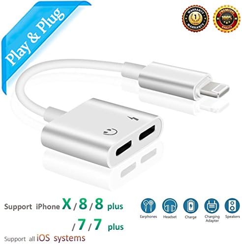 Dual Lightning Headphone and Charging Adapter for 2 in 1 Lightning Jack Adapter Aux Accessories Headphone Jack Adapter for iPhone iPad iPod iTouch iPhone X 10 8/8 Plus 7/7 Plus Converter Headphone Adaptor Dual Lightning Splitter with Audio+ Charge+ Call+ Music Control Support iOS 11 or 10.3 or Later (White)