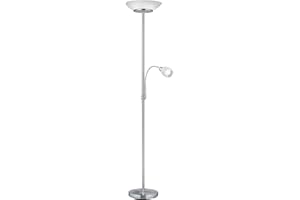 ‎LIGHTLING lightling Klaus Uplighter Floor Lamp with LED Reading Lamp | Nickel Matt Metal | Excl. 2 x E27 (max. 18W) | Movable Reading Arm 1 x E14 (max. 10W) | Height: 180 cm, Diameter: 34 cm