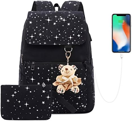 AM SeaBlue Girls School Backpack Canvas Rucksacks Daypack Students School Bookbag Bags for Teenager Girl Women (01-Black)