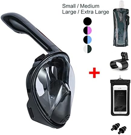 Vaporcombo Snorkel Mask 180° view for Adults and Youth. Full Face Free Breathing Design.[Free Bonuses] Cell Phone Waterproof Case (Dry Bag) and Folding Water Bottle (Black, Large/Extra-Large)