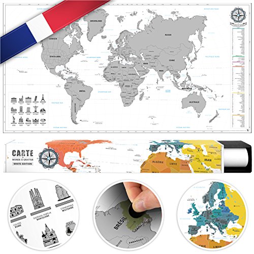 #benehacks Planisfero Mondo da grattare Poster Mappa del Mondo in Gallico - Cartina geografica da Utilizzare Come diario da Viaggio - Cartina Mondo - Argento/Bianco 84 x 44 cm