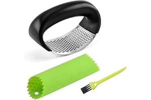 LAHVIUU Garlic Press Tool Set, Stainless Steel Garlic Rocker Crusher and Silicone Garlic Peeler and Cleaning Brush, Kitchen Gadgets Mincer for Ginger & Presses for Garlic Crush