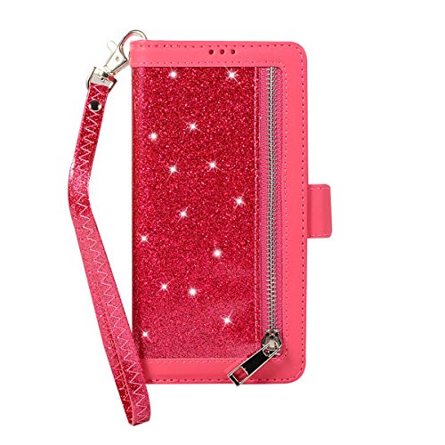 Preisvergleich Produktbild Homikon PU Leder Hülle Reißverschluss Glänzend Glitzer Strass Schutzhülle Brieftasche Lederhülle Bookstyle Handyhülle 9 Kartensteckplatz Tasche Kompatibel mit Samsung Galaxy S10e - Rose rot