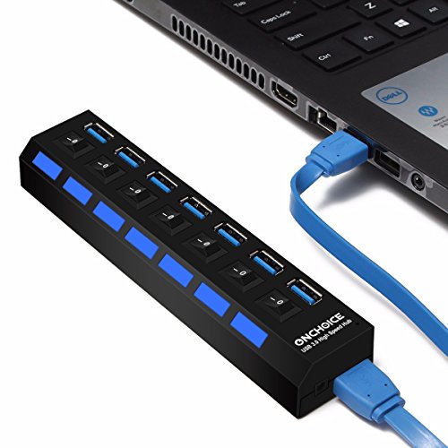 ONCHOICE USB 3.0 Datenhub 7 Ports Mit 100cm USB Kabel Ultralight Verteiler Schwarz mit Diagnose LED Superspeed Anzeige Unterstützt Hot Plugin bzw Plug & Play mit Energiespar Schalter für PC Laptop Notebook Computer Windows MAC(EUR Power Adapter nicht im Lieferumfang enthalten) - 6