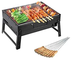 Benn Folding Portable Outdoor Barbeque Charcoal BBQ Grill Oven With Stainless Steel Wooden Stick - (10 Stick)