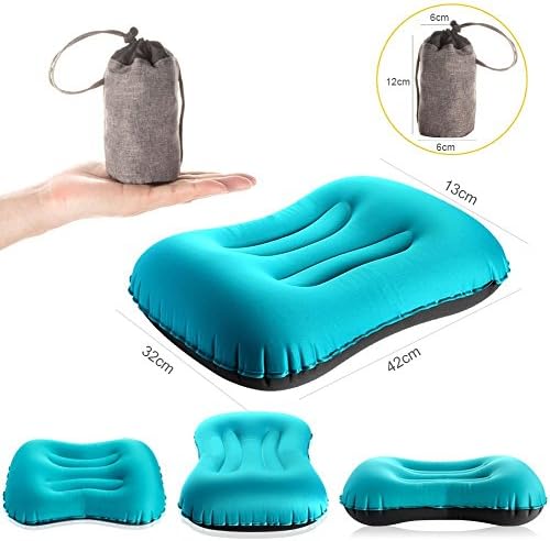Travel Pillow Ultralight Portable Air Inflatable Pillow Outdoor Camping Travel Soft Pillow Ultralight Inflating Travel / Camping Pillows - Compressible Compact Inflatable Comfortable Ergonomic Pillow for Neck & Lumbar Support and a Good Night Sleep while Camp Backpacking (Blue)