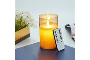 LONKENN Velas LED, Velas Parpadeante Sin Llama, Funciona con pilas Velas con Vidrio, Vela LED Temporizador con Mando a Distancia, Real Cera, Velas Con y Regulable, Para Dormitorio Comedor Fiesta-15cm Marrón