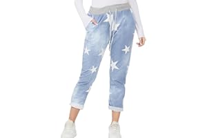 URBAN FASHION Crazy Fashion Women’s Ladies Denim Joggers Star Printed Sweatpants Floral Ribbed Waistband Trousers Ladies Casual Summer Italian Gym Running Pants Plus Size 8-26