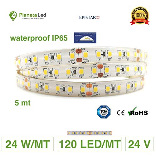 ROTOLO 5 METRI STRISCIA 600 LED 2835 SMD 24 W/M LUCE MONOCOLORE A SCELTA 5 MT 24 V DC WATERPROOF IP65 CON BIADESIVO 3M WARM WHITE MOD. PREMIUM (3000 K luce calda (warm white))