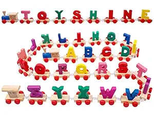 Toyshine Wooden Alphabet Train Toy Interlocking Alphabet ABC Train Set Includes 1 Engine and Letter Cars for Toddlers Kids Boys and Girls, Compatible with Train Set Tracks