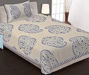 Piroya Cotton Rajasthani Jaipuri Printed Single Bed Bedsheet with Pillow Covers (Blue, 150X200 cm)