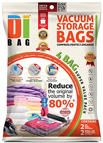 DIBAG ® 4er-Pack Platzsparende Vakuum-Kleiderbeutel 2x(100X80 cm) mit Ventil + 2x Reise Roll-Up Bag (57x45 cm)ohne Absaugung/ohne Ventil. Neue 2015-Modell