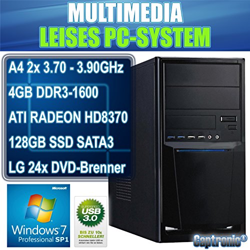 Captronic® (A4-6300-128GB SSD-4GB-HD8370D-Win7Pro) Windows 7 Professional 64bit | DualCore Silent PC Front USB 3.0 AMD A4-6300 2x 3,70GHz (Turbo bis 3900MHz) | KINGSTON 4GB DDR3-1600 | 24x DVD-Brenner | 128GB SSD SATA3 | ATI Radeon HD 8370 2GB HDMI/DVI/VGA | CardReader | 7.1 Sound | GigabitLAN | Design Gehäuse Schwarz - 2
