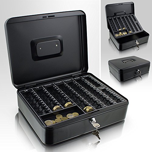 Caja para dinero, de 30 cm, queda plana al cerrarla, para monedas y dinero, con bandeja con números, color negro