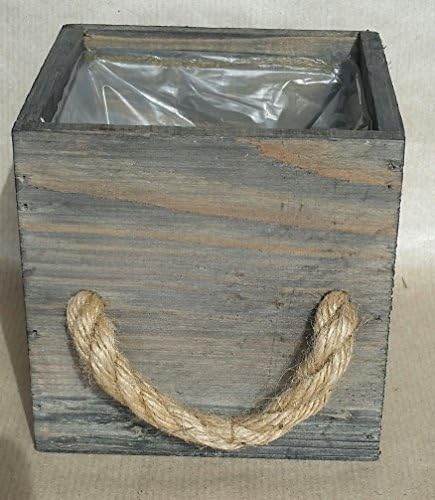 SET OF 2 BLACK WASH RUSTIC SQUARE WOODEN BOX LINED PLANTER WITH ROPE HANDLE,