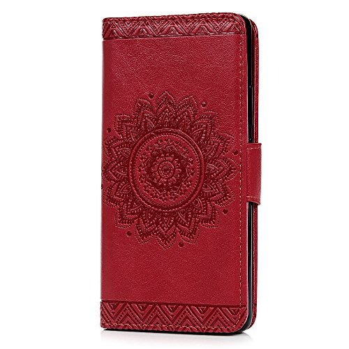 P8 Lite Wallet Case Huawei P8 Lite Flip Hülle YOKIRIN Traumfänger 3D Relief Totem Blume Schutzhülle PU Leder Flipcase Handyhülle Klapptasche Skin mit Kreditkarteninhaber Kippständer Magnetverschluss in Rote - 2