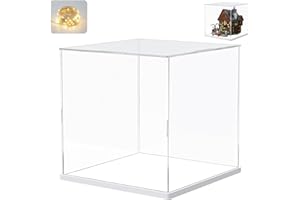 ELEPURE Acryl Vitrine Schaukasten für Lego 21341 für Fußball Basketball, Glasvitrine Acrylbox Transparent Würfel für Figuren Sammlerstücke Spielzeug | mit Holz-Kunststoff-Basis & Licht, Weiß Innen 30x30x30cm
