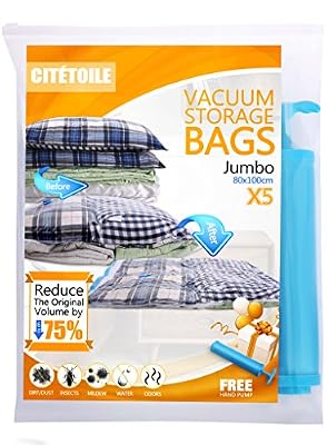 CITÉTOILE Sac Housse de Rangement sous Vide Sac à Stockage de Compression Aspirateur Voyage avec Pompe Manuelle Réutilisable (Lot de 5 - Taille Géante 80 x 100cm) par CITÉTOILE