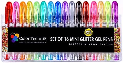 Glitter Gel Pens by Color Technik, Set of 16 Mini Glitter and Neon Glitter Pens, Best Assorted Colours, No Duplicates, 40% More Ink, Handy Travel Pack, Enhance Your Colouring Experience Now