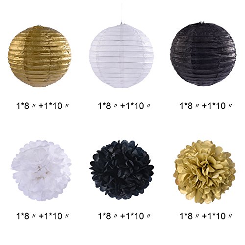 Outus 6 Stück Pom Poms Tissue-Papier Papierblumen und 6 Stück Papier Laternen Weiß Schwarz Gold mit Weißen Band für Party Geburtstag Dekoration - 2