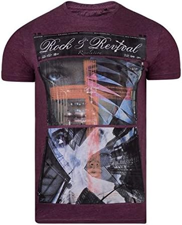 Mens Rock &amp; Revival Short Sleeve Crew Neck T-Shirt With Photo Style Print To Front Body. Style - Hernandez (R707160C) - Wine marl. Size - X large