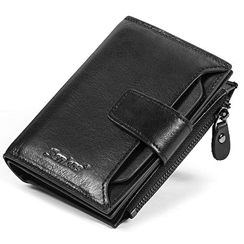 Cartera Hombre, Senbos Cartera de Cuero Suave de Piel de Vaca Genuina Soporte de Tarjeta de crédito Bifold de Capacidad Adicional con Bolsillo con Cremallera Negro para el Dia de San Valentin