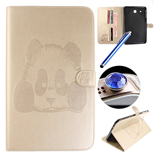 Etsue Kunstleder Schutzhülle für Samsung Galaxy Tab E 9.6 Zoll T560 Leder Tasche Bookstyle Hülle Flip Case Wallet Cover,Retro Vintage Niedlich Panda Muster Schutz Hülle Etui Schale Weich TPU Innere mit Magnetverschluss Standfunktion Kartenfächer für Samsung Galaxy Tab E 9.6 Zoll T560 + 1x Glitzer Staub Stecker + 1x Blau Eingabestift-Panda,Golden