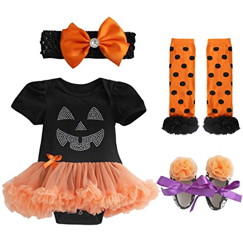 TiaoBug Baby Girls Halloween Pumpkin Outfit Petti Tutu Romper with Headband Leg Warmer Shoes Black, Orange 3-6 Months