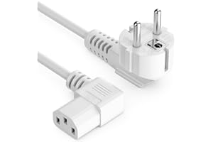 deleyCON 1m Kabel Zasilający IEC C13, Wtyczka z Bolcem Typ F (CEE 7/4) 90° Kątowa na Gniazdo C13 90° Prawa, PC Komputer Monitor Drukarka Projektor - Biały