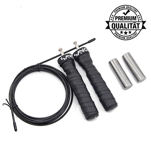 SANGFIT Springseil/Springschnur mit top geprüften Kugellager - Speed Rope inkl. 2x extra Stahlgewichten für die Griffe + 1x extra Seil. Längenverstellbar, premium Qualität und stylisches Design.Kein lästiges verdrehen der Schnur, durch die neu Innovation unseres Kugellagers!