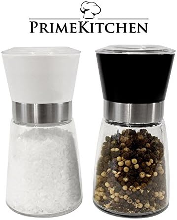 PrimeKitchen Salt and Pepper Mill Set | 2x Quality Spice Mill Easy Adjustable Ceramic Mechanism | Real Eye-Catcher Kitchen black/white