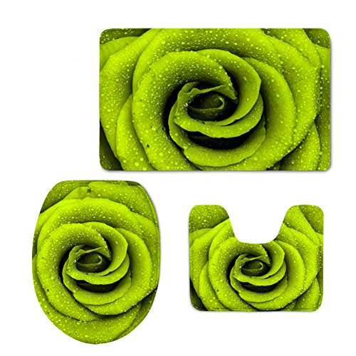 Coloranimal Fashion Rose Green Bath Mat Set 3 Piece Bathroom Mats Contour Rugs With Lid Top Cover