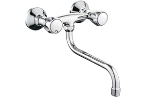 Ogomondo Rubinetto Lavello a Muro Cucina Down Canna S Ottone Cromato Miscelatore Acqua Calda e Fredda con Manopole