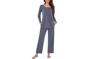 Bestbee Women's Pyjamas Set, 2 Piece Pleated Nightwear Set Long Sleeve Long Pant With Pockets Ladies Pjs Set