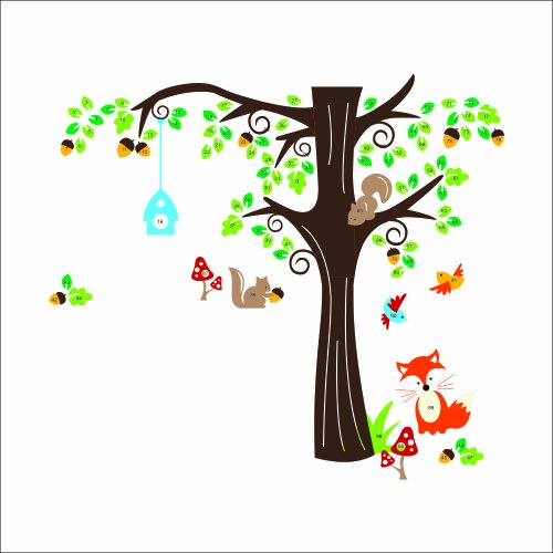 XXL Jungle Waldtier mit Fuchs, Vögel und Eichhörnchen spielen auf bunten Baum Wandtattoo Wandaufkleber für Kinder Kindergarten