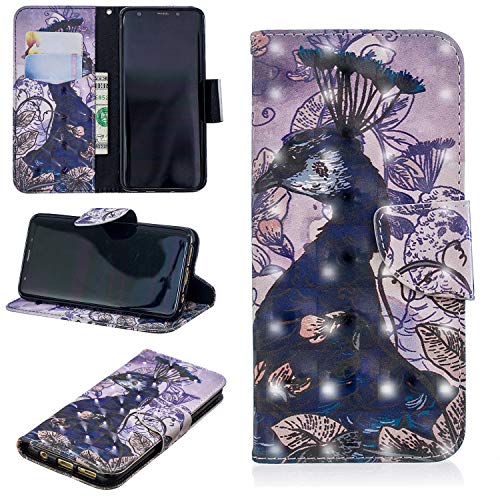 COZY HUT Samsung Galaxy S9 Case, PU Leather with Card/Cash Holder Slots, Hand Strap and Kickstand, Slim Folio Case Cover for Samsung Galaxy S9 - Black Purple Peacock King