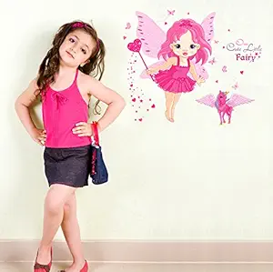 Decals Design 'Baby Girl Cartoon Cute Princess in Pink with Butterfly Wings and Unicorn' Wall Sticker (PVC Vinyl, 60 cm x 45 cm x 1 cm)