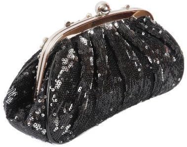 Black sequinned clutch bag padded with diamante edging and ball clasp to close