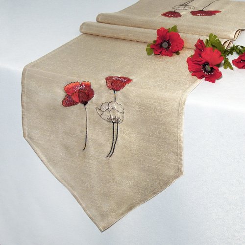 SALE – Zauberhafter Kissenbezug “ MOHNBLÜTEN – TRAUM “ – Kissenhülle 40 x 40 – in champagner beige mit dekorativen Mohnblüten in rot – edel schimmernd – aus dieser Serie erhalten Sie im KAMACA-SHOP : Tischdecke Läufer Kissenbezug und Ösenschal – so können Sie Ihren kompletten Wohnraum verzaubern - 3