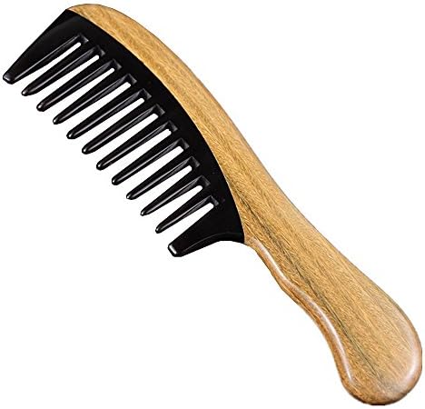 DS-VIQI Wood Crafts Green Sandalwood and Black Buffalo Horn Splicing Comb, Help To Relieve Itchy Scalp, Headaches and Hair Loss, Relieve Tension. (Wide-tooth)