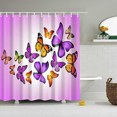 Waterproof Polyester Fabric Bathroom Shower Curtain, Qile Mildew-Resistant Anti-Bacterial 3D Digital Printing Pattern Shower Curtains with 12 Ring Hooks, 180 x180cm (Purple Butterfly)