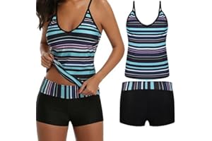 QIGEN LTD Women’s Two Piece Swimwear Gradient Color Tankini Set Top with Shorts Low Waist Sporty Swimsuit Bikini