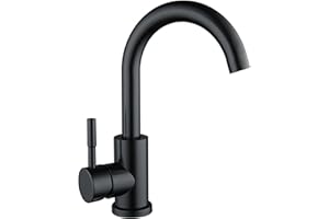 DIDARENBA Grifo lavabo negro alto mate acero inoxidable monomando agua fria y caliente con mangueras incluidas grifo baño alto negro curvo