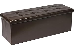 Bonlife Brown Faux Leather Storage Bench Ottoman Box Foldable Seat Foot Stool with Lids Kids Toy Boxes Chest Furniture Hold Up to 300 kg 110x38x38cm