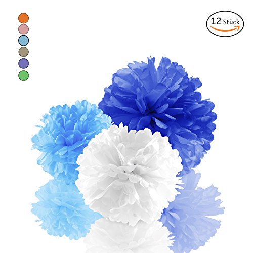 Amazy Seidenpapier Pom Poms (12er Set) – Wunderschöne Seiden Deko-Kugeln zum Aufhängen (Blau)