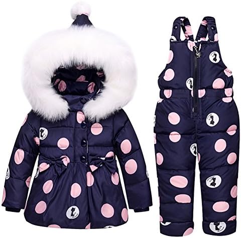 Amur Leopard Toddler Sweet Baby Girls Winter Snowsuit Polka Dot Bow Down Ski Suit Snowpants Bib Down Coat Puffer Jacket Fur Hoodie 2 Piece Clothing Outfit Set, Blue, 12-24 Month