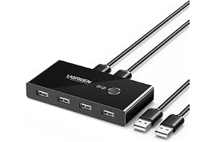 UGREEN USB 2.0 KVM 4 Portar HUB för 2 Datorer 2 In 4 Out Omkopplare med 2 USB 2.0 Kablar för Skrivare, Skannrar, Tangentbord, USB Minnen, Externa Hårddiskar, Möss, Headset etc.