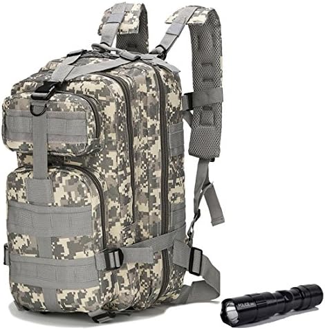 QMFIVE Rucksacks Tactical Backpack 30L with Mini Flashlight Military Rucksacks Camouflage Waterproof Assault Bags for Camping Hiking Shootting Mountaineering Trekking Outdoor Sports